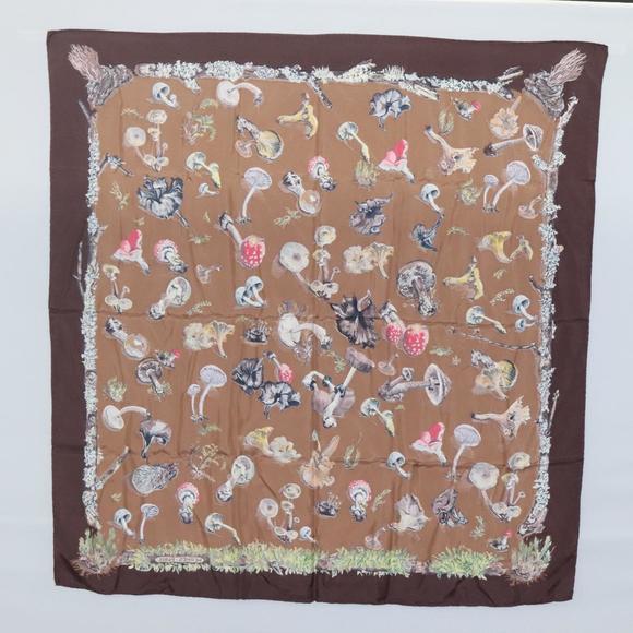 HERMES Carre 90 Scarf ""Champignons"" Silk Brown Auth BA1799 - Picture 13 of 13